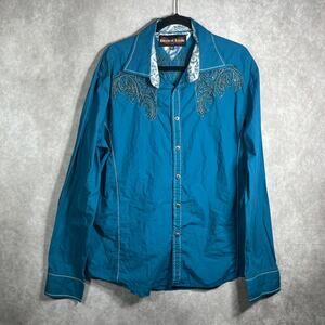 House Of Lords Shirt Men XXL Blue Embroidered Button Rave Streetwear Long Sleeve